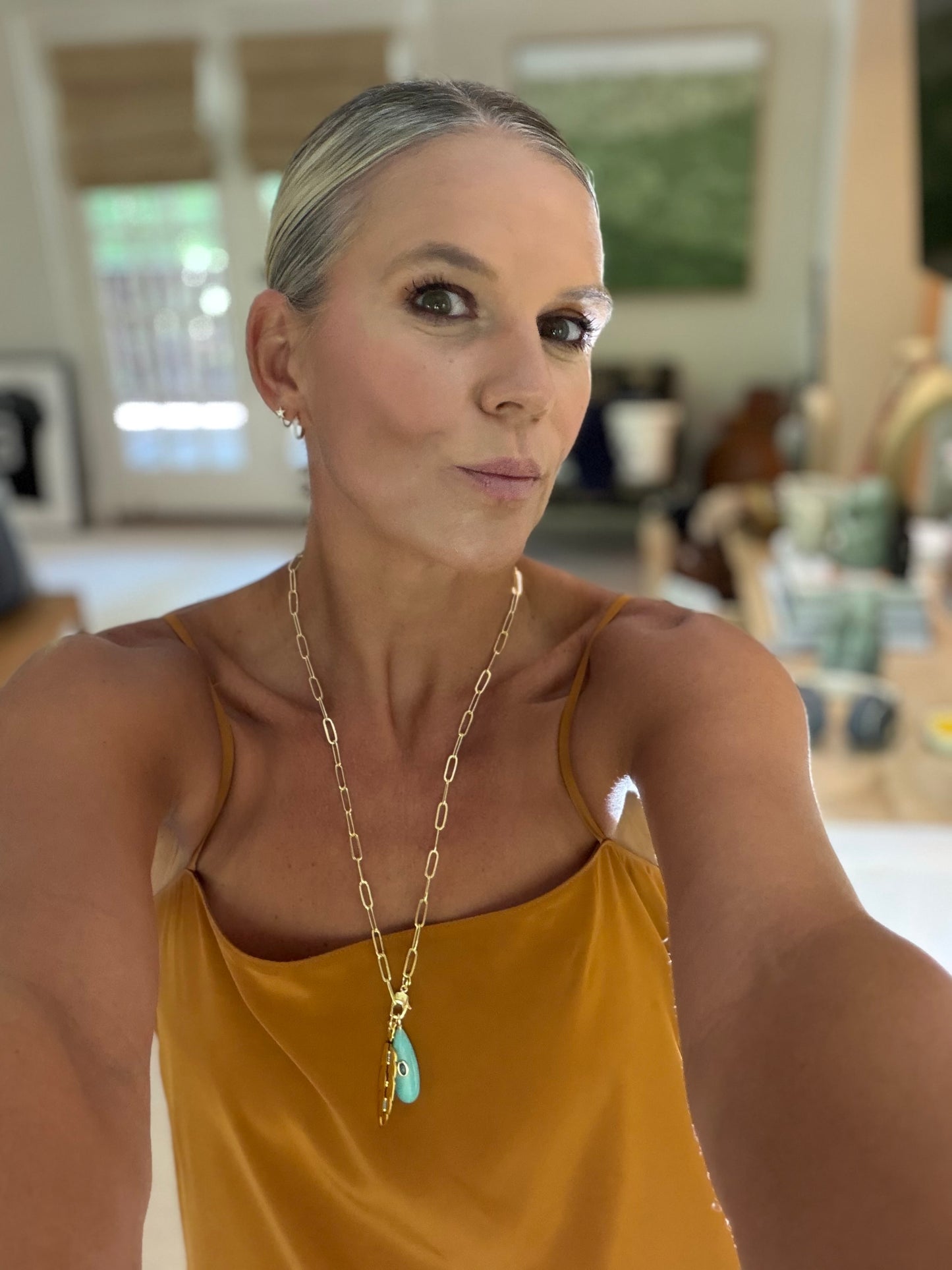 Paperclip Chain Necklace with Amazonite & Feather Pendants