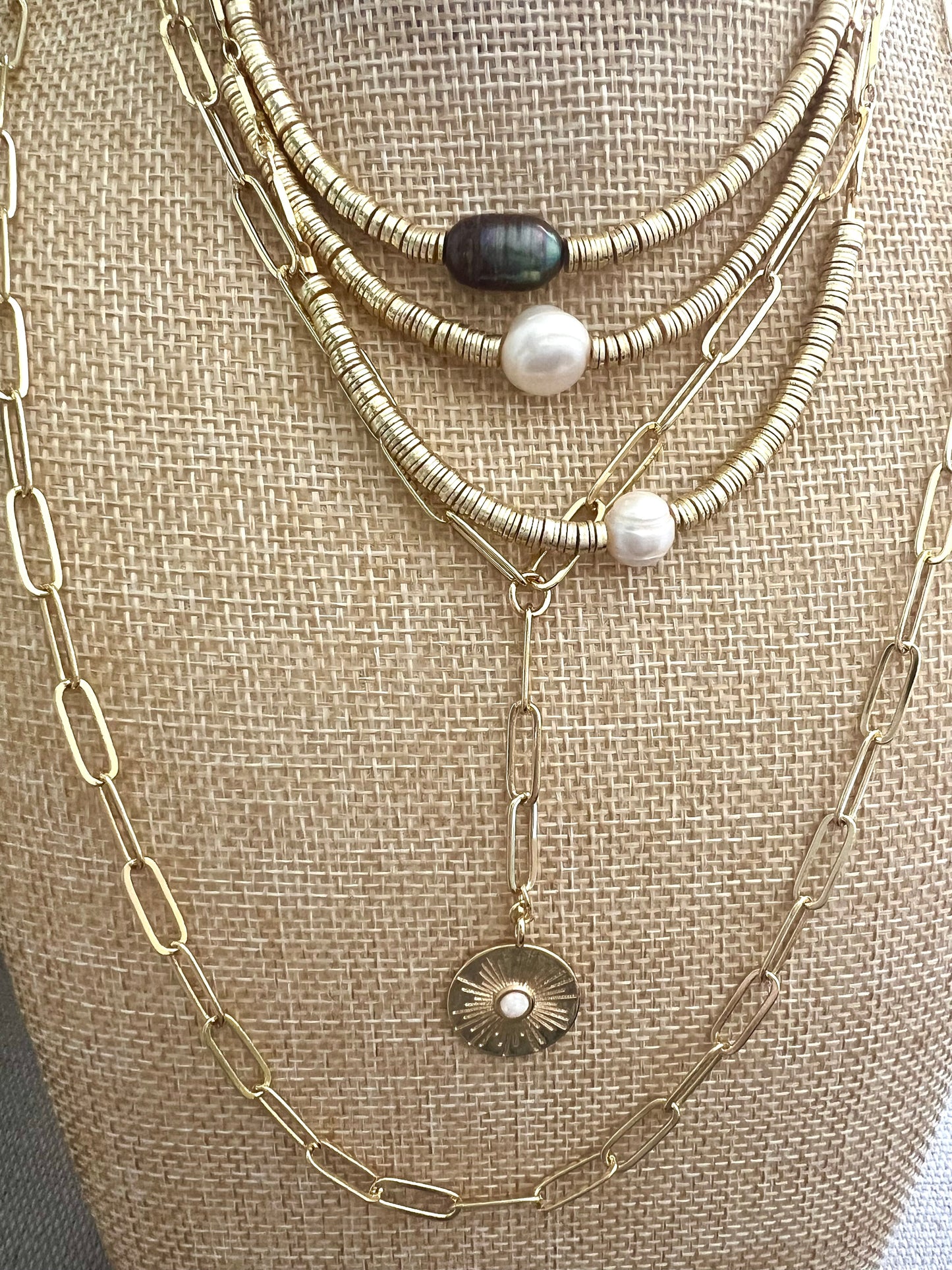 Gold Disk Pearl Necklace