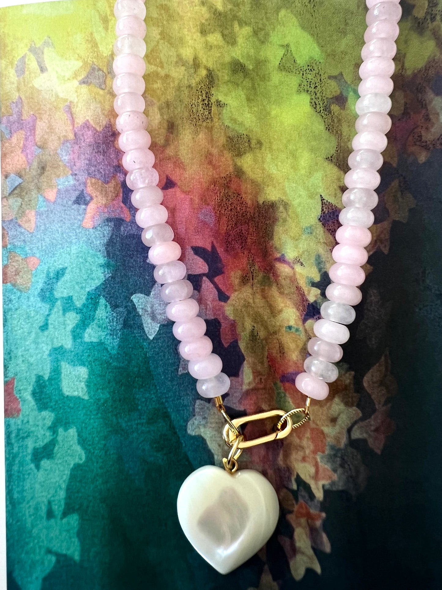 Pink Jade Mother of Pearl Heart on Carabiner Necklace