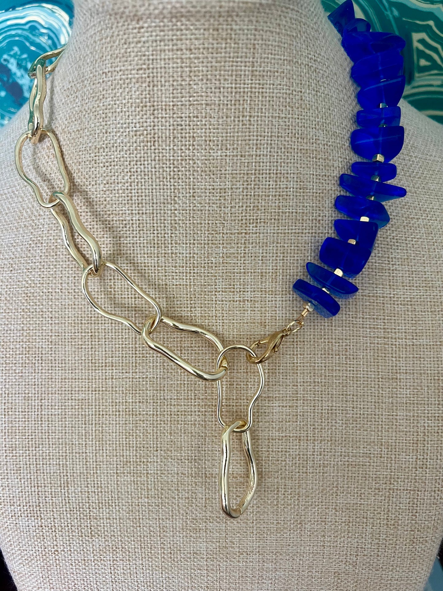 Blue Glass & Large Gold Link Necklace