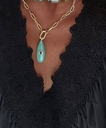 Gold Paperclip Necklace Amazonite Drop