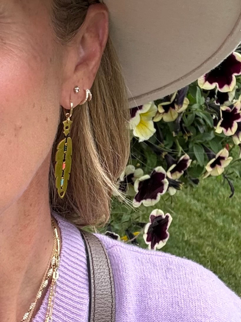 Gold Feather Earrings with Beaded Accents