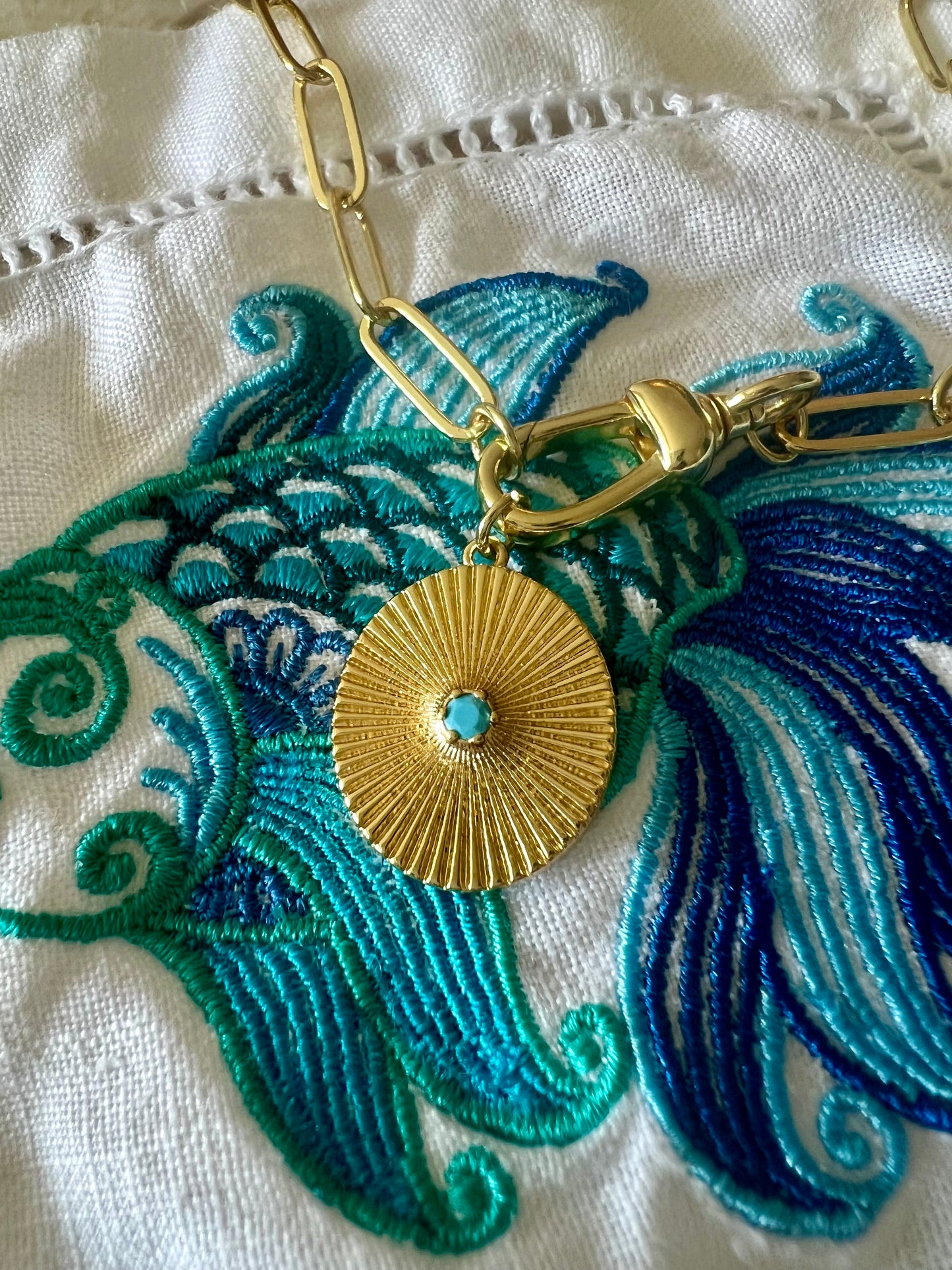 Gold Turquoise Medallion Paperclip Chain
