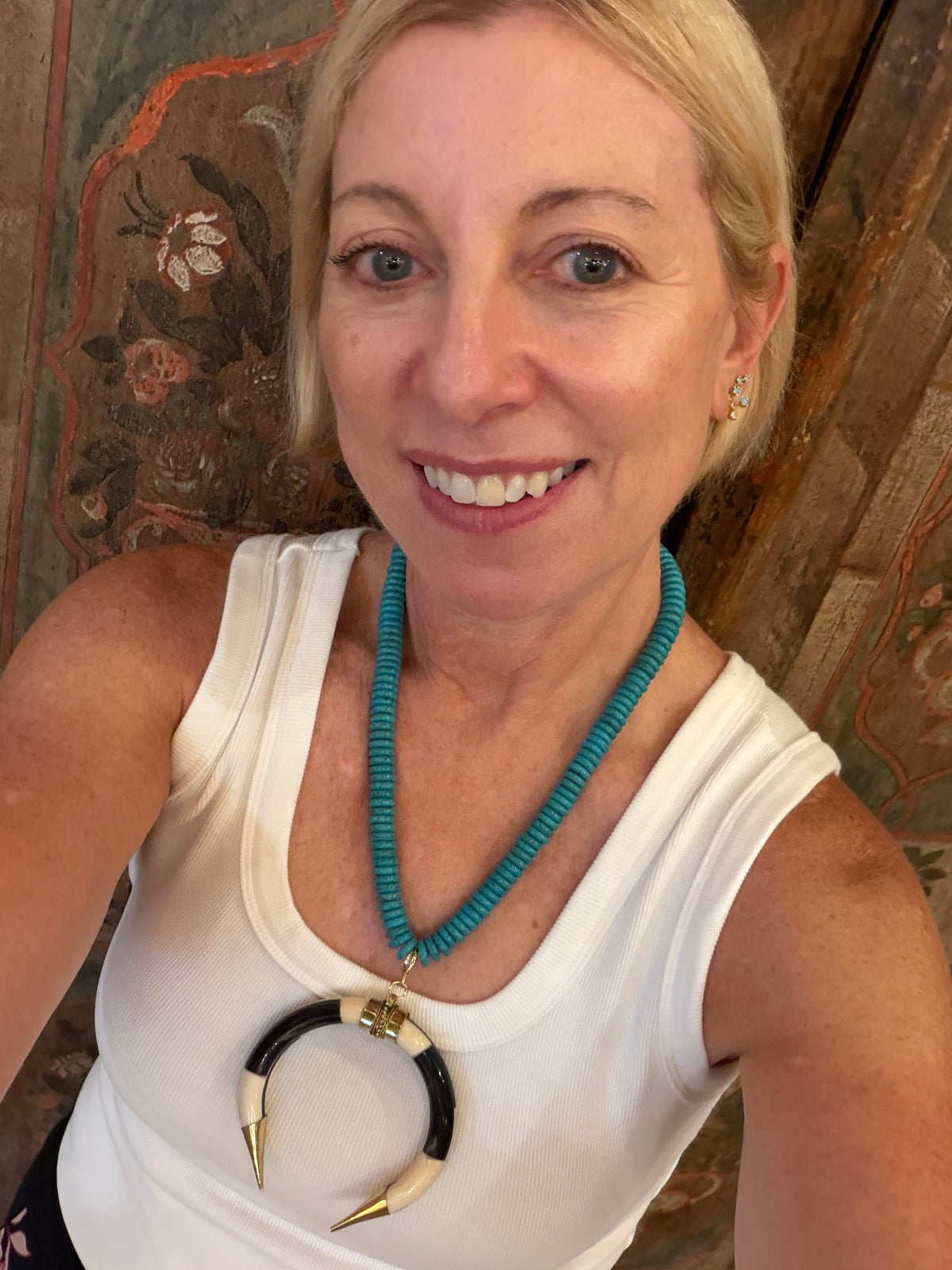 Turquoise Bead & Black & White Bone Pendant
