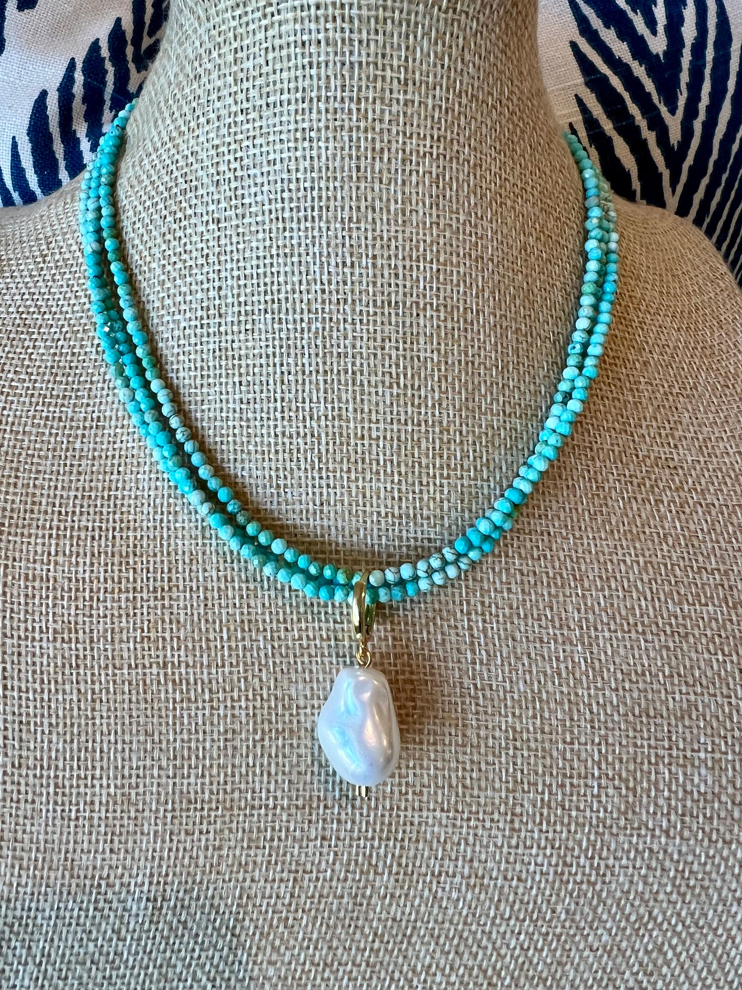 Triple Strand Turquoise Necklace Baroque Pearl Drop
