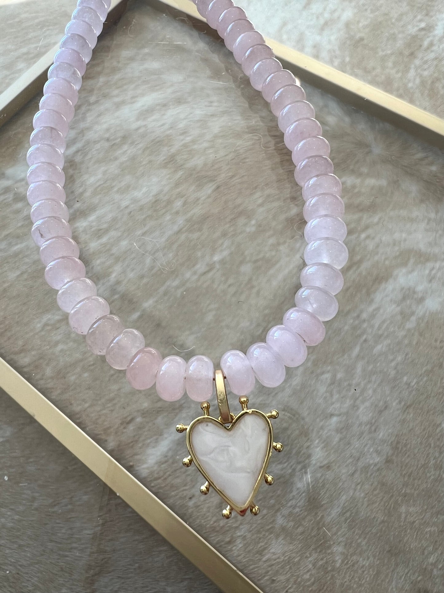 Pink Jade With Mother of Pearl Spike Heart