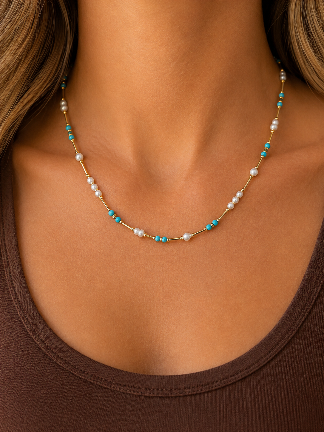 Gold Tube with Turquoise & Pearl Necklace