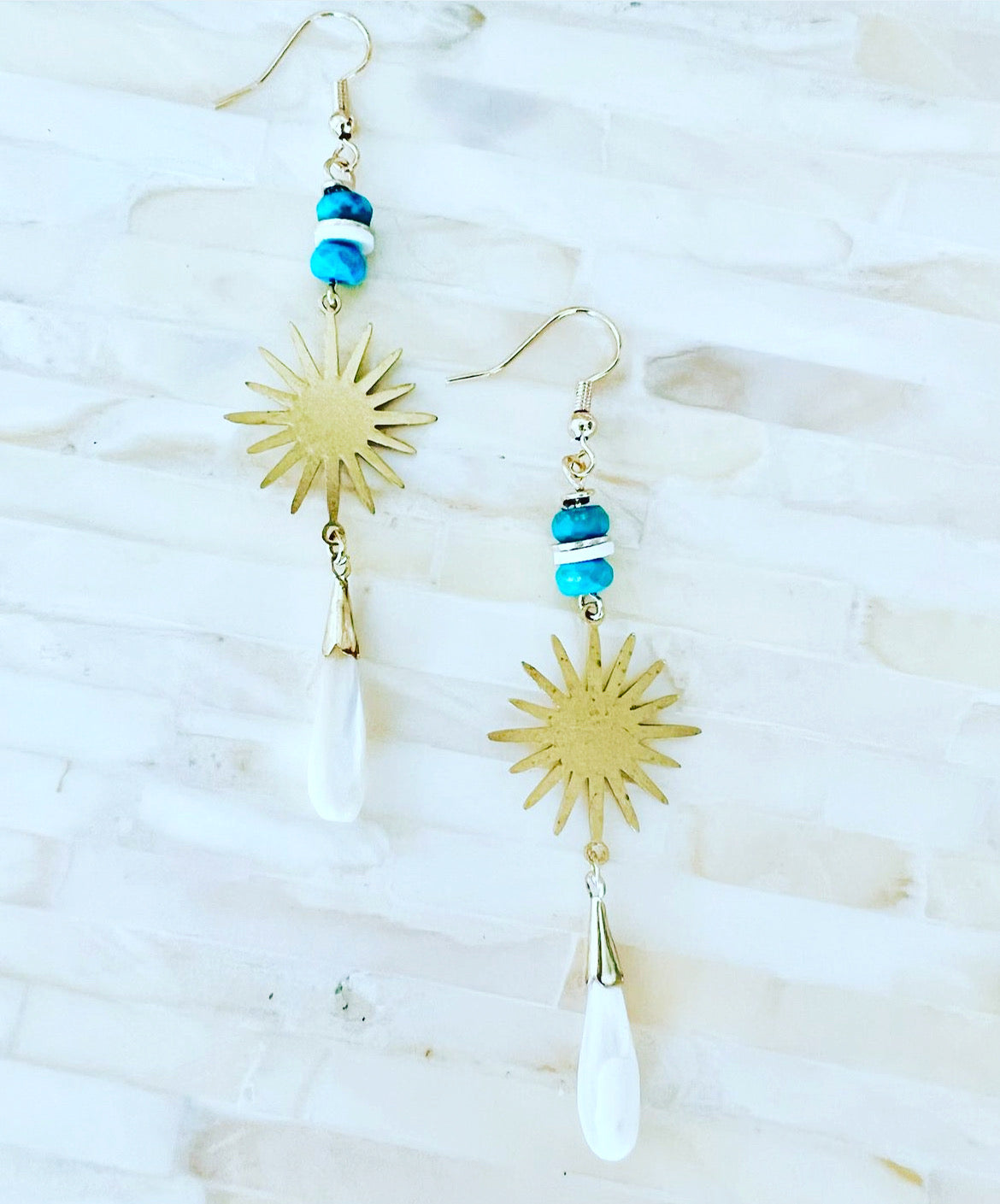 Gold Burst Turquoise Pearl Necklace Earrings