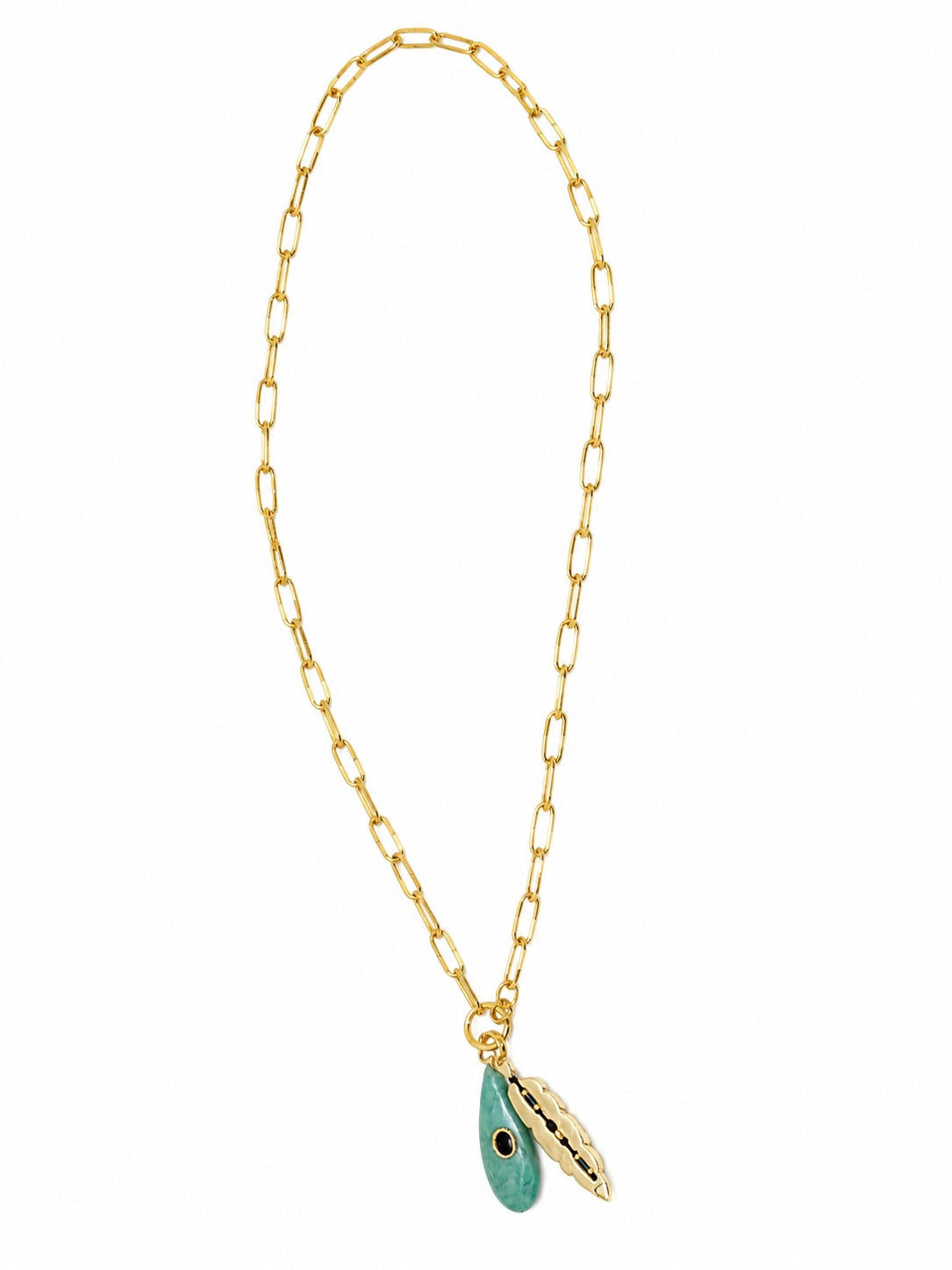 Paperclip Chain Necklace with Amazonite & Feather Pendants