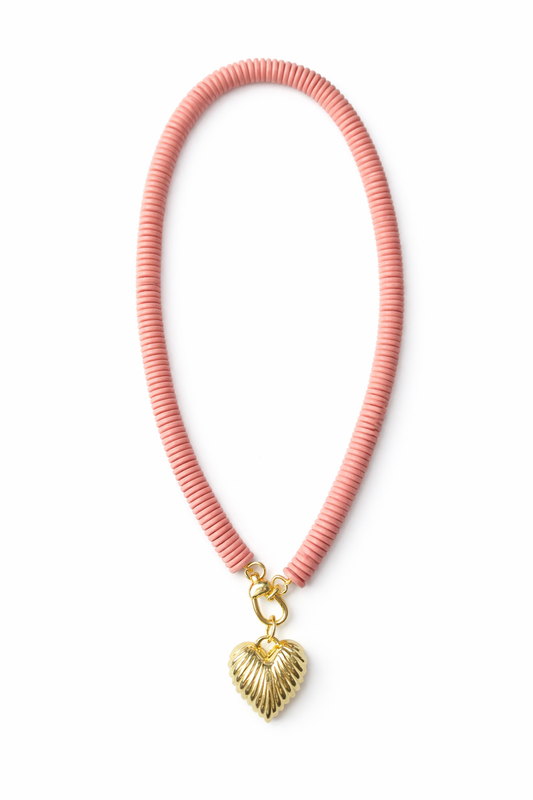 Pink Agate Bead with Puffy Gold Fluted Heart Pendant
