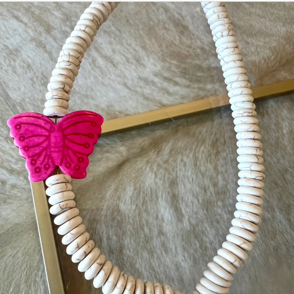 Howlite Bead with Hot Pink Butterfly Necklace 