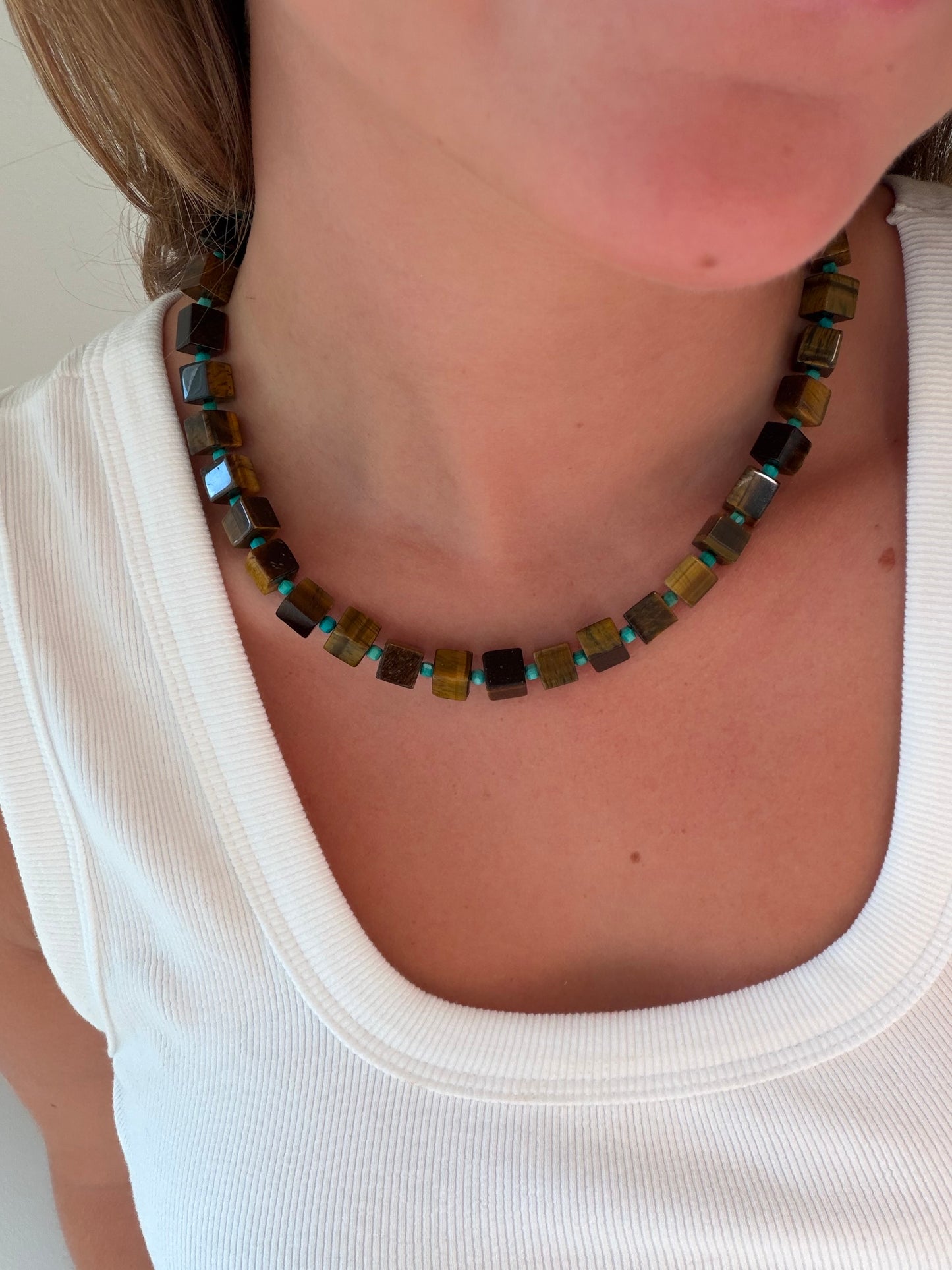 Tiger and Turquoise Cube Bead Necklace