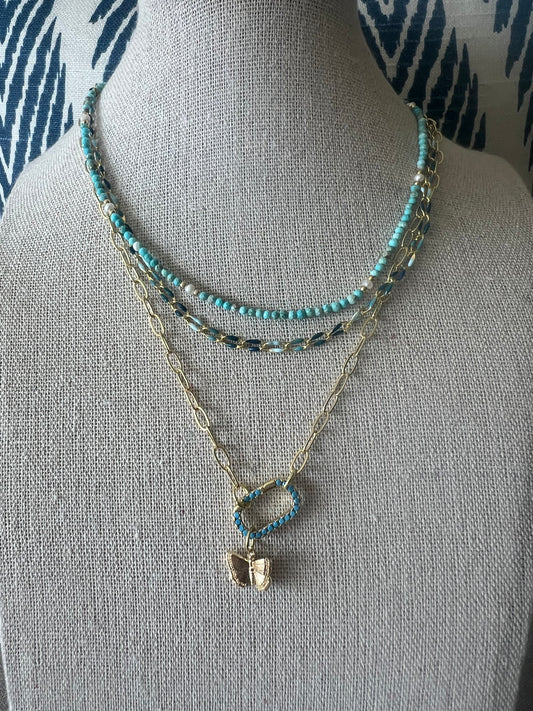 Gold Paperclip Turquoise Carabiner Necklace
