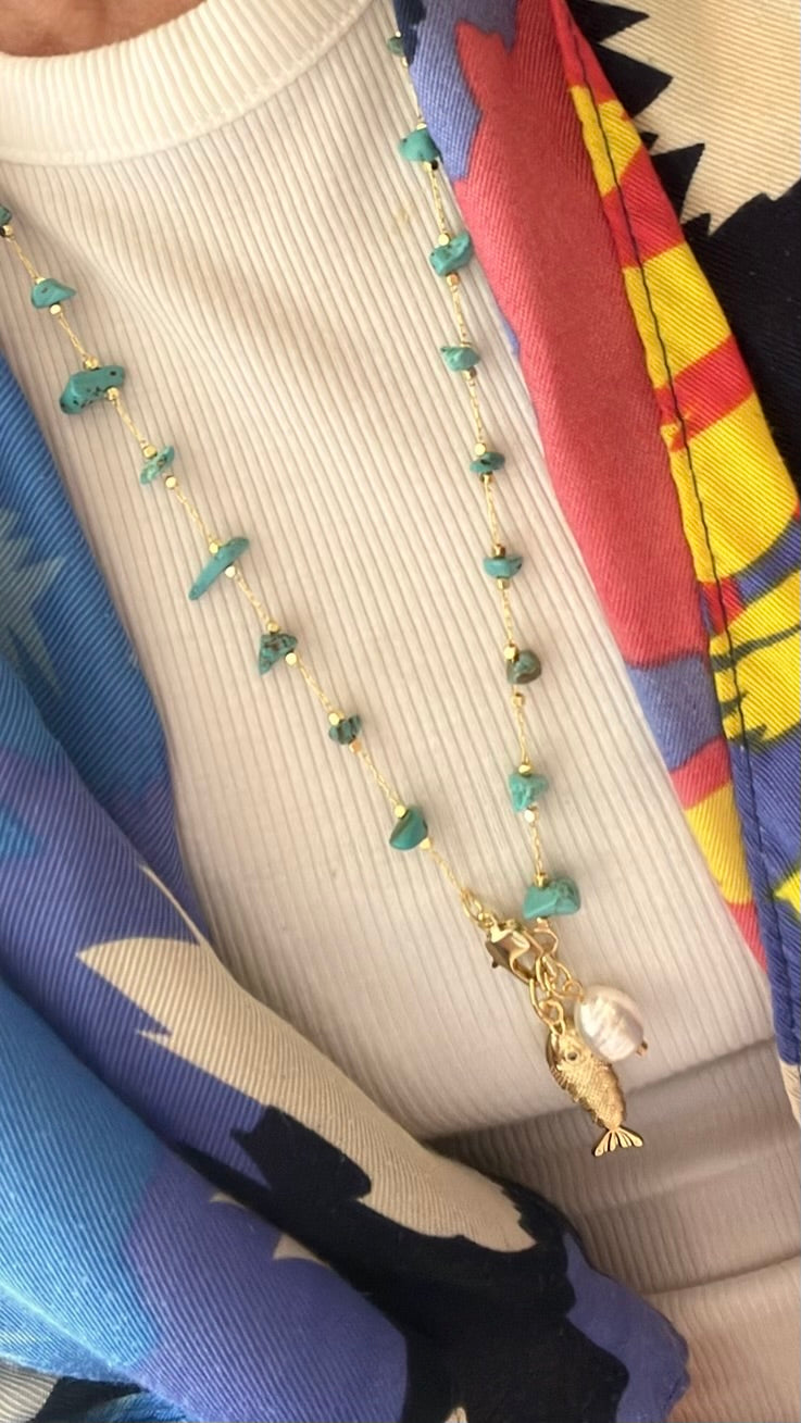 Turquoise Magnesite Chip Chain with Gold Fish & Pearl