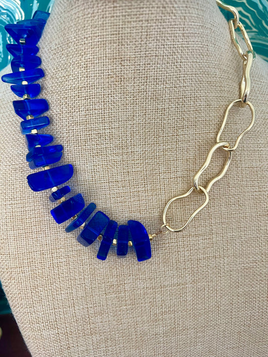 Blue Glass & Large Gold Link Necklace