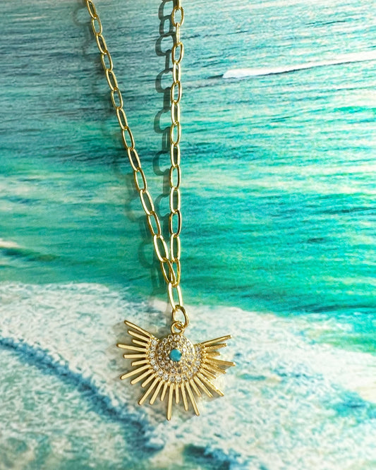 Gold Burst Pendant on Baby Paperclip Necklace