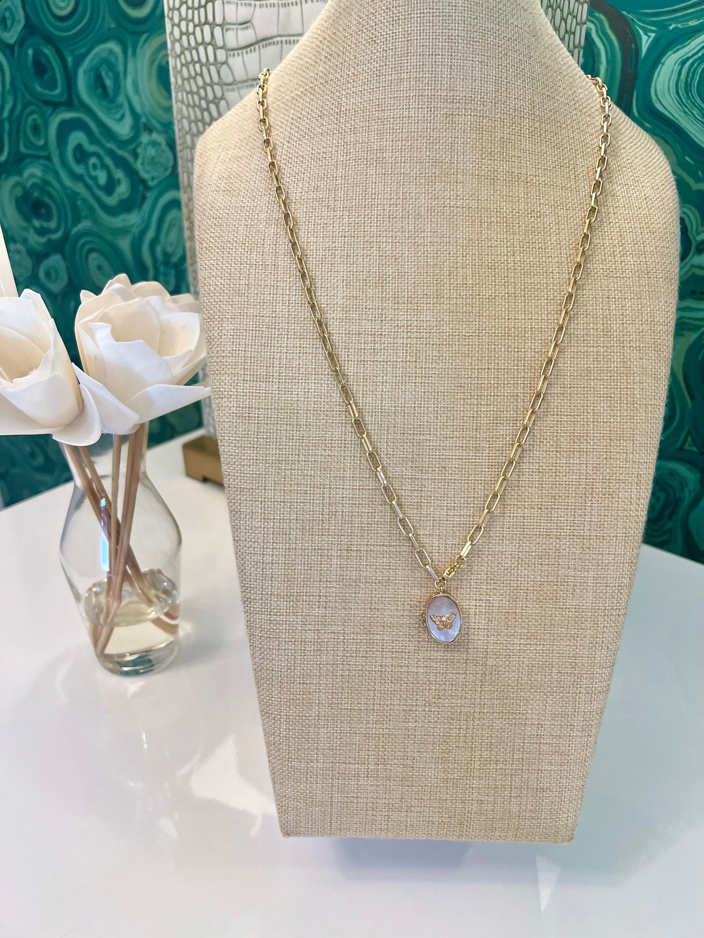 Mother of Pearl Butterfly Locket Necklace