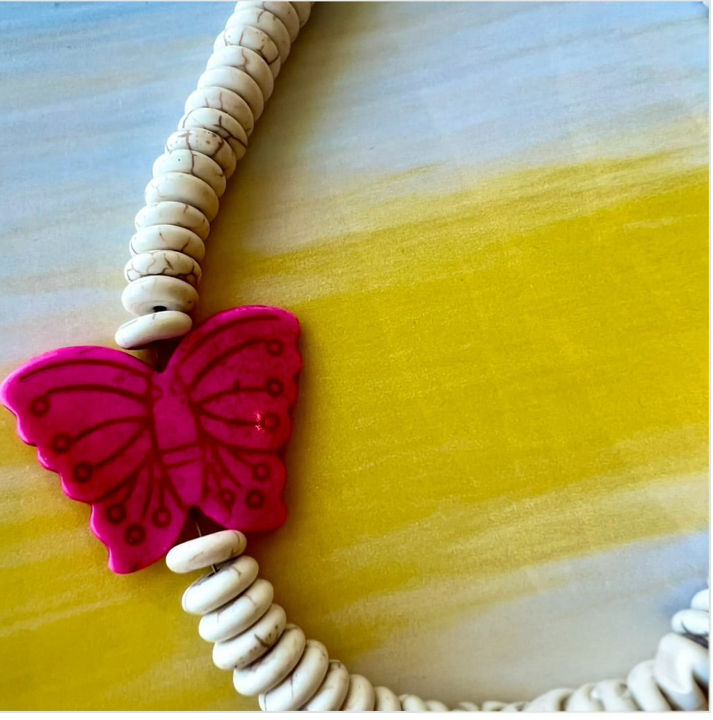 Howlite Bead with Hot Pink Butterfly Necklace 