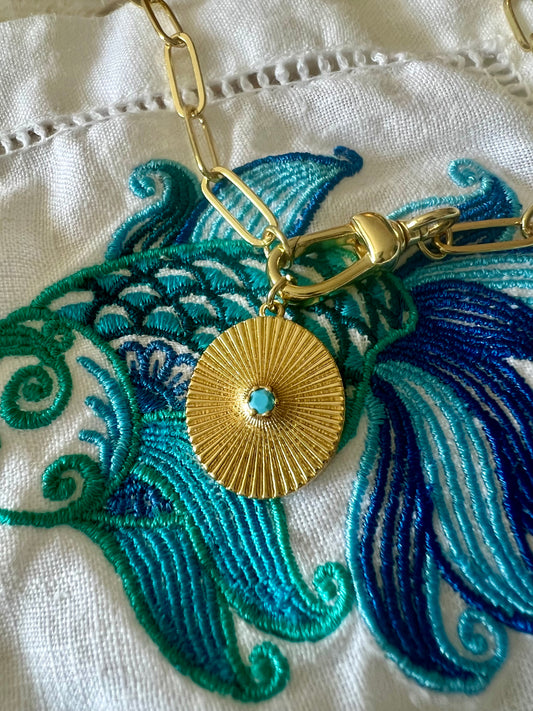 Gold Turquoise Medallion Paperclip Chain