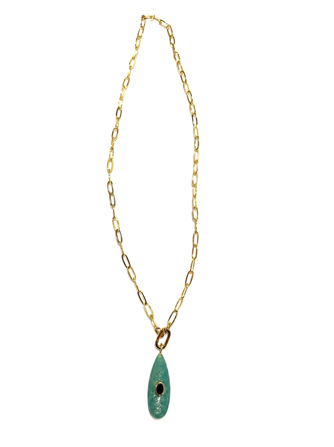 Gold Paperclip Necklace Amazonite Drop