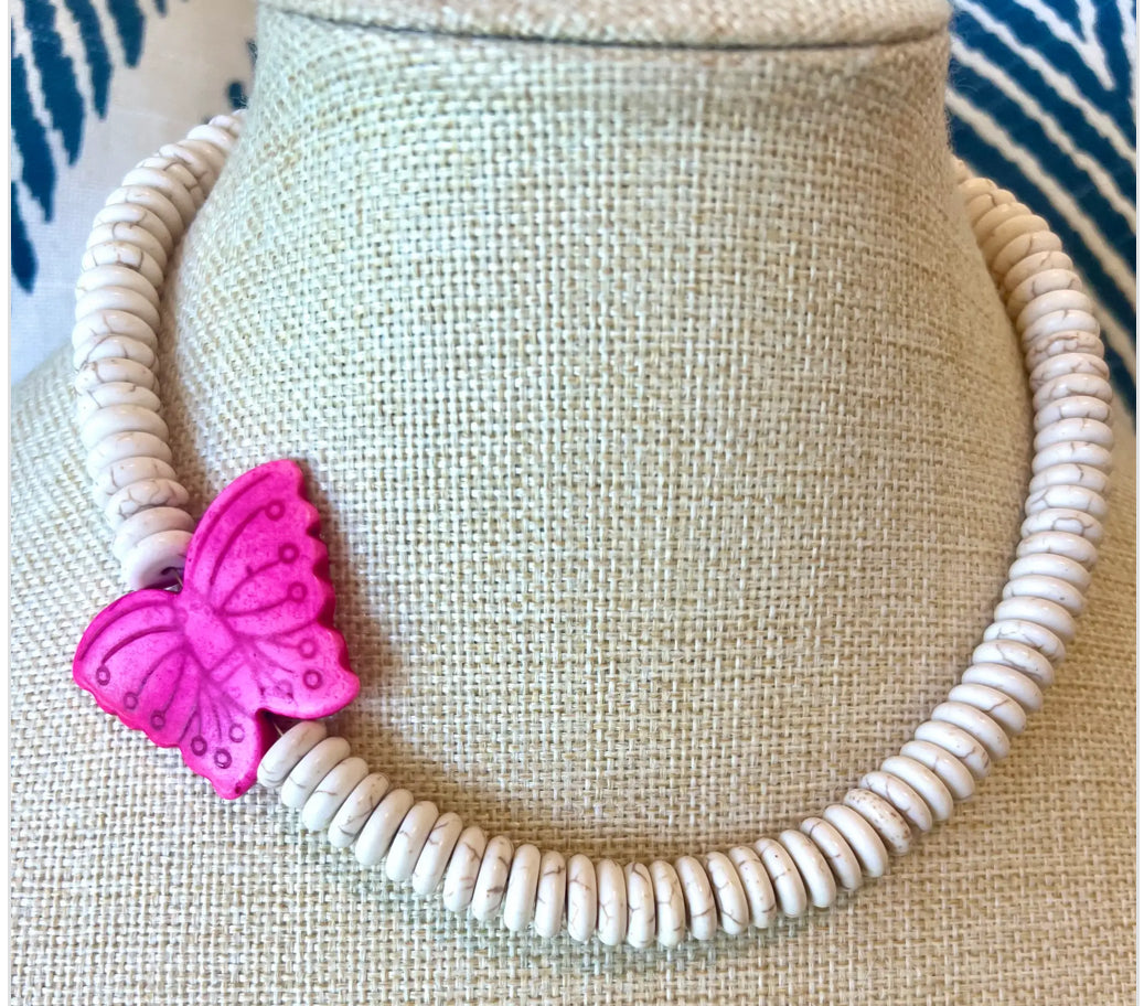 Howlite Bead with Hot Pink Butterfly Necklace 