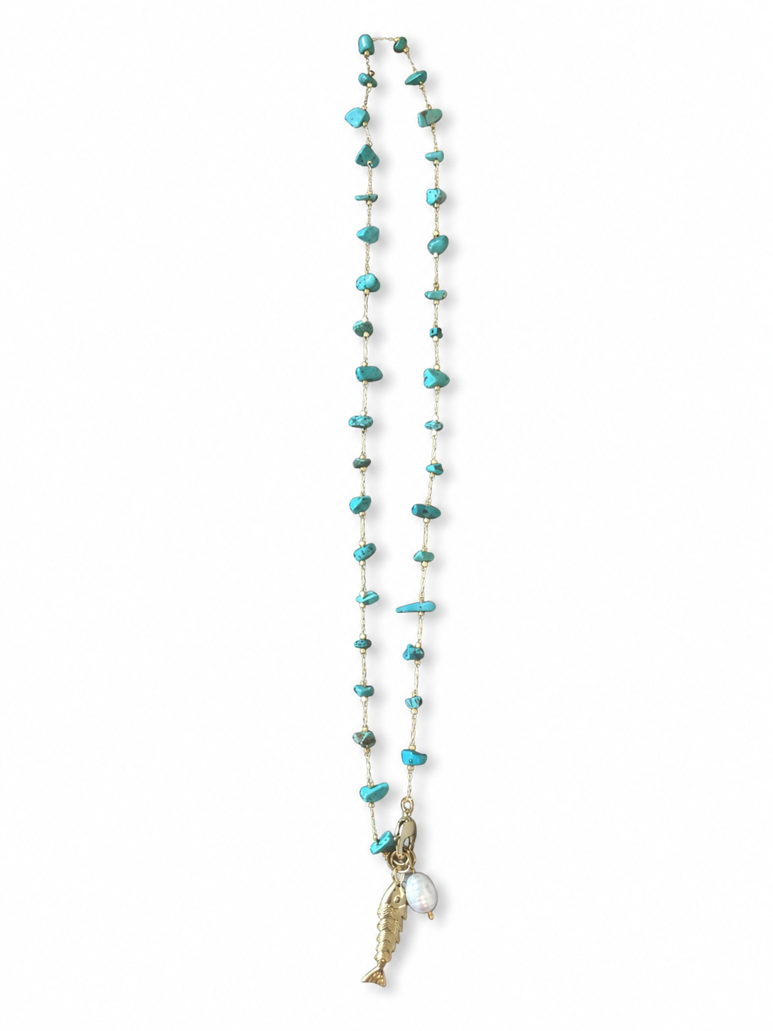 Turquoise Magnesite Chip Chain with Gold Fish & Pearl