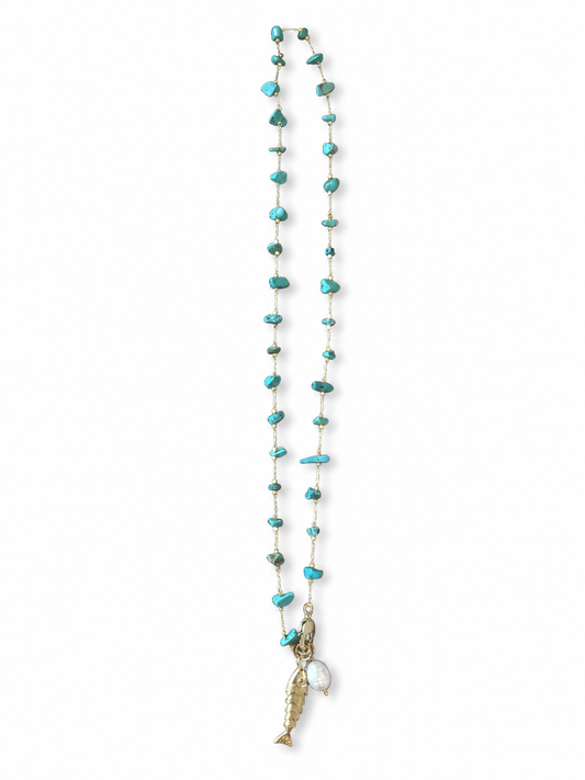 Turquoise Magnesite Chip Chain with Gold Fish & Pearl