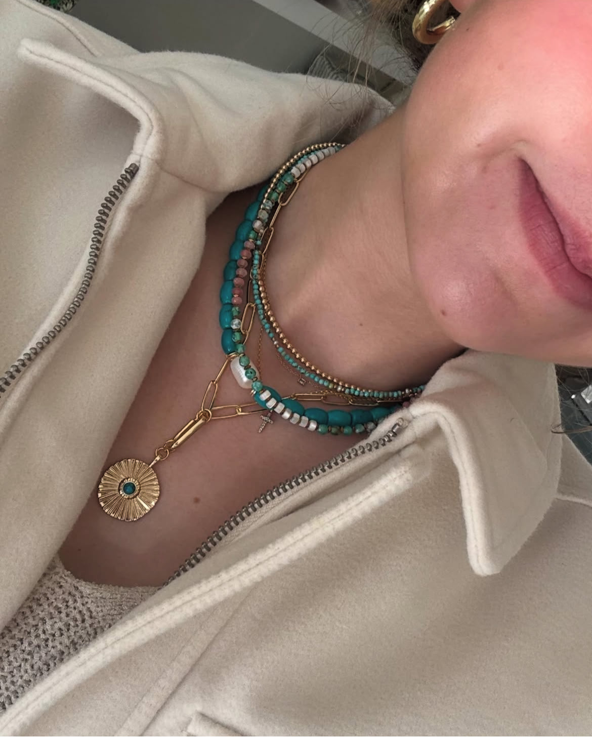 Tricolor Agate and Shell Bead Necklace