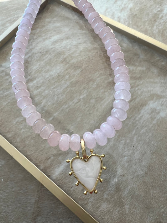 Pink Jade With Mother of Pearl Spike Heart