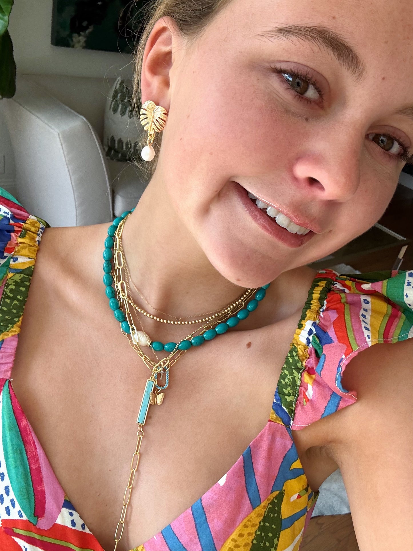 Gold Paperclip Turquoise Carabiner Necklace