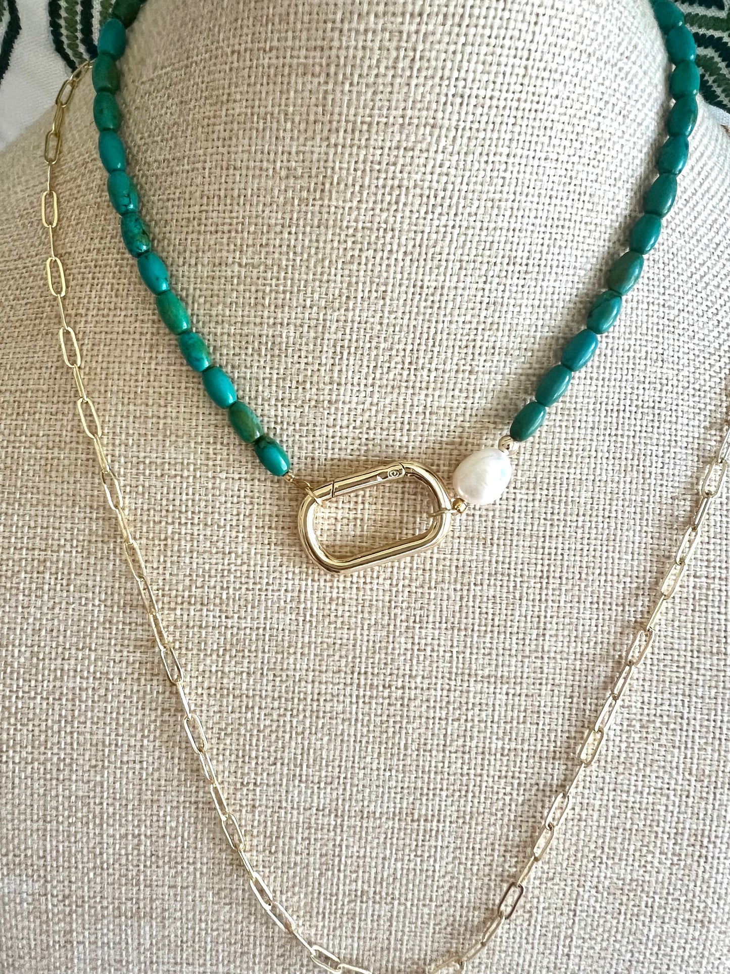 Turquoise Rice Necklace Gold Spring Clasp center