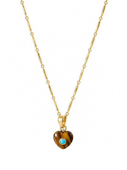 Small Tiger Eye & Turq Heart Pendant Necklace