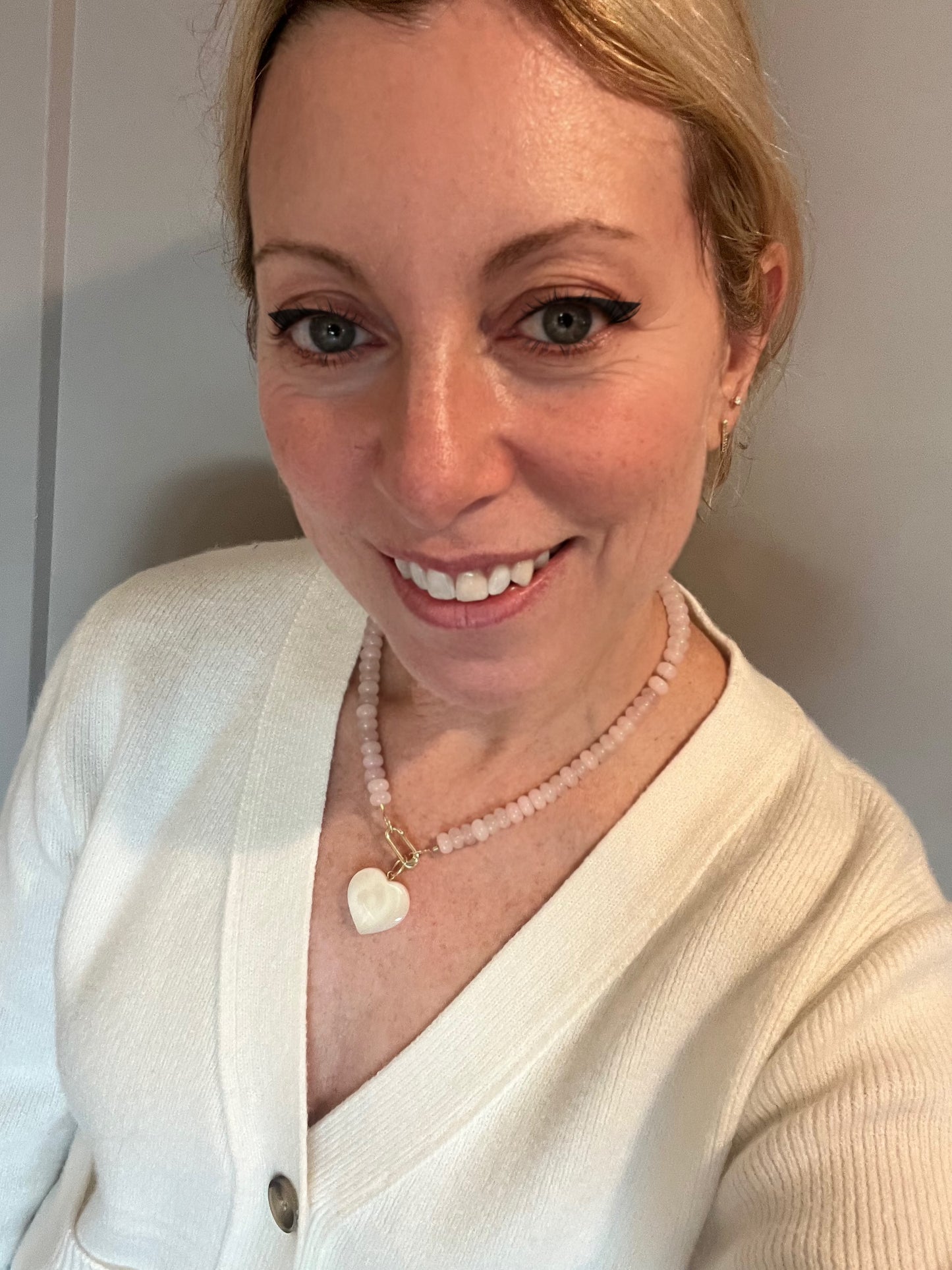 Pink Jade Mother of Pearl Heart on Carabiner Necklace