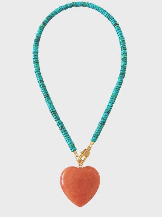 Turquoise Necklace with Orange Puffy Heart