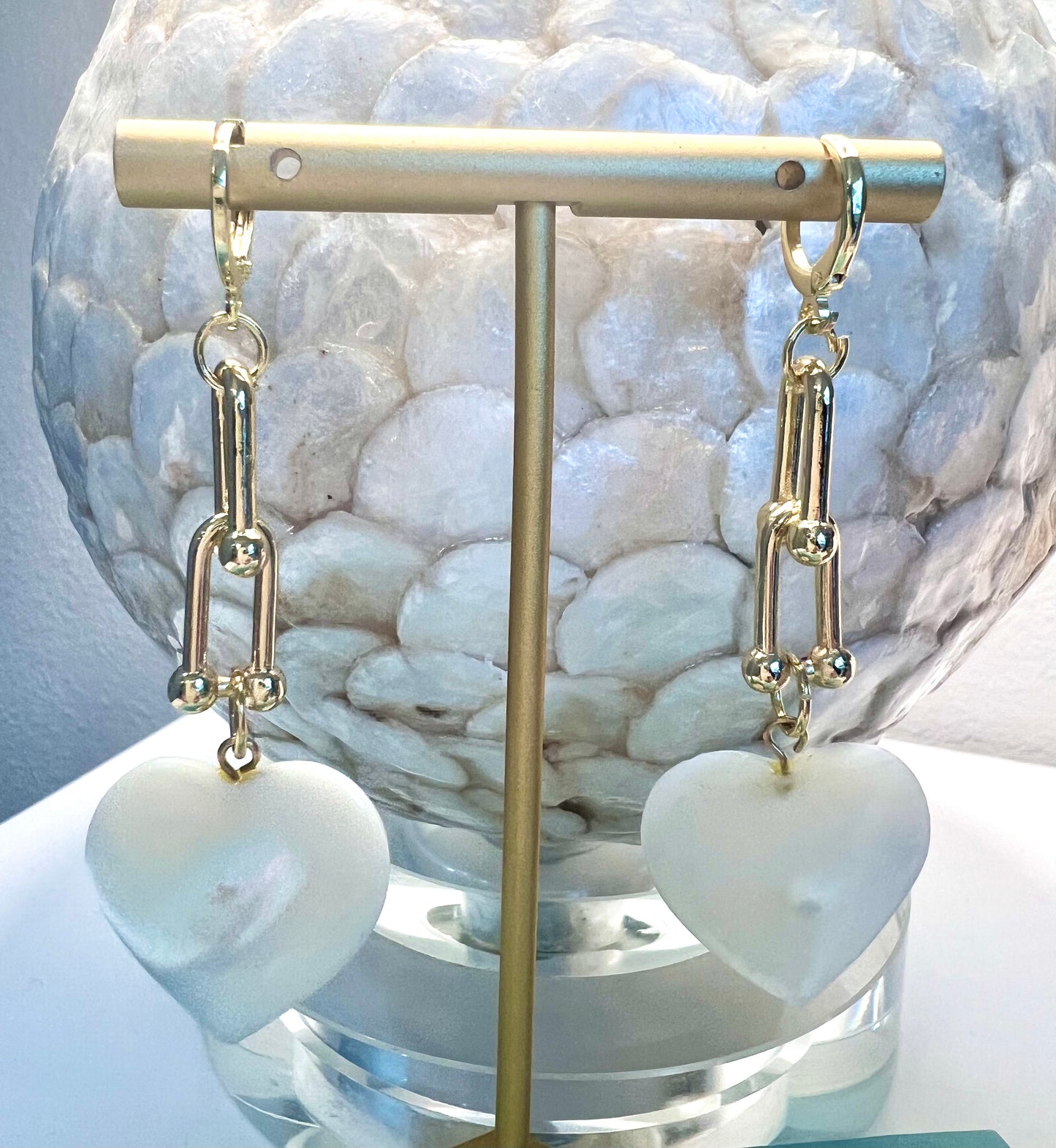Mother of Pearl Heart and Paperclip Earrings
