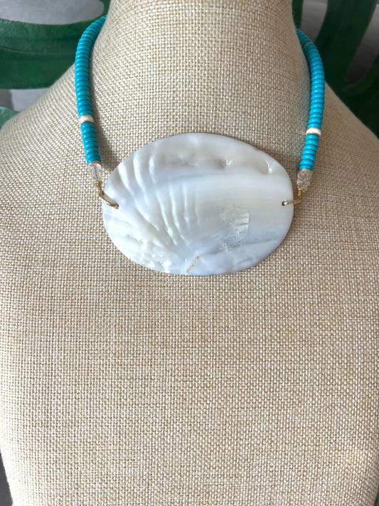 Mother of Pearl Statement with Turquoise Howlite Bead Necklace