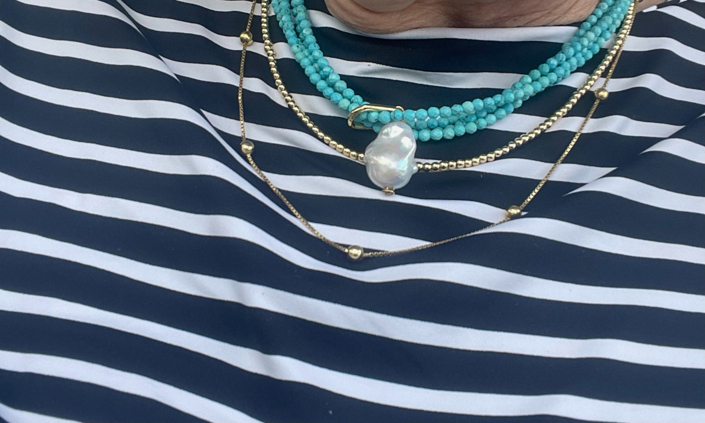 Triple Strand Turquoise Necklace Baroque Pearl Drop