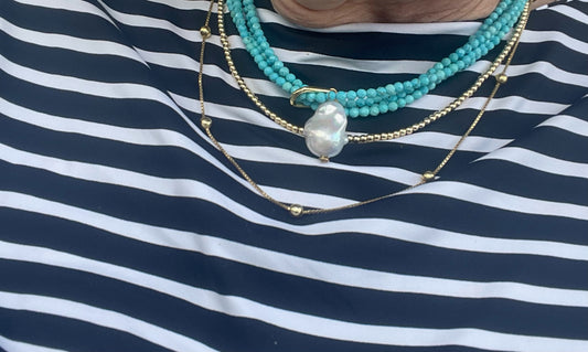 Triple Strand Turquoise Necklace Baroque Pearl Drop