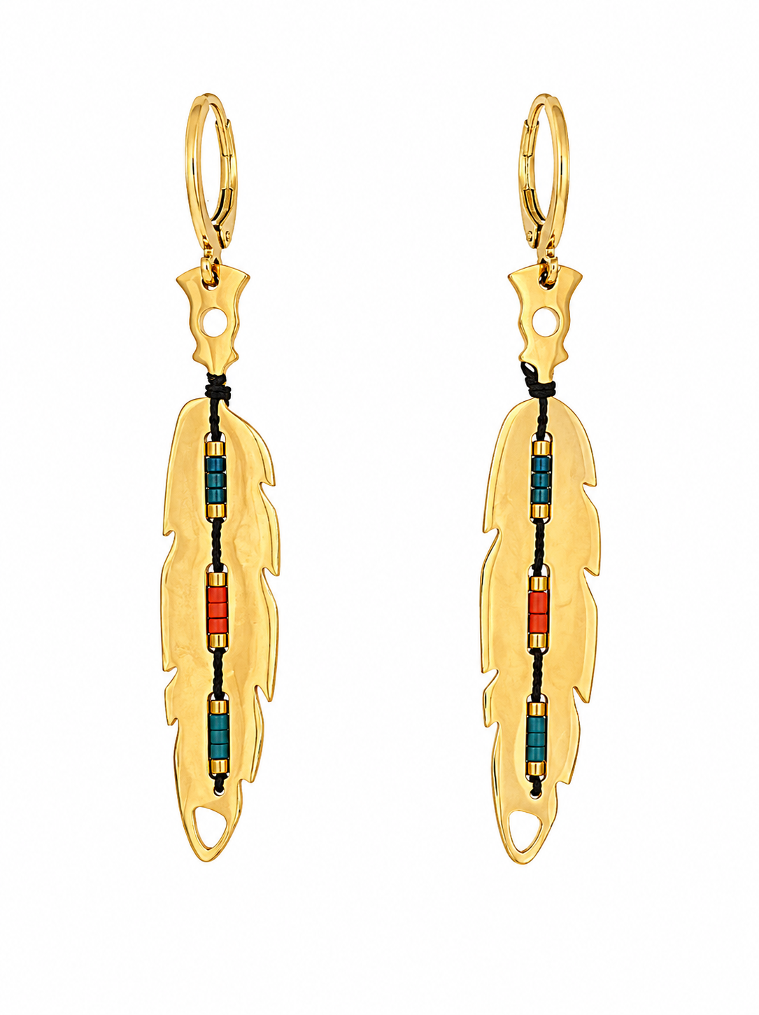 Gold Feather Earrings with Beaded Accents