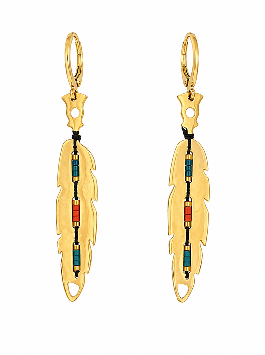 Gold Feather Earrings with Beaded Accents