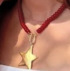 Red Bead Large Gold Star Necklace