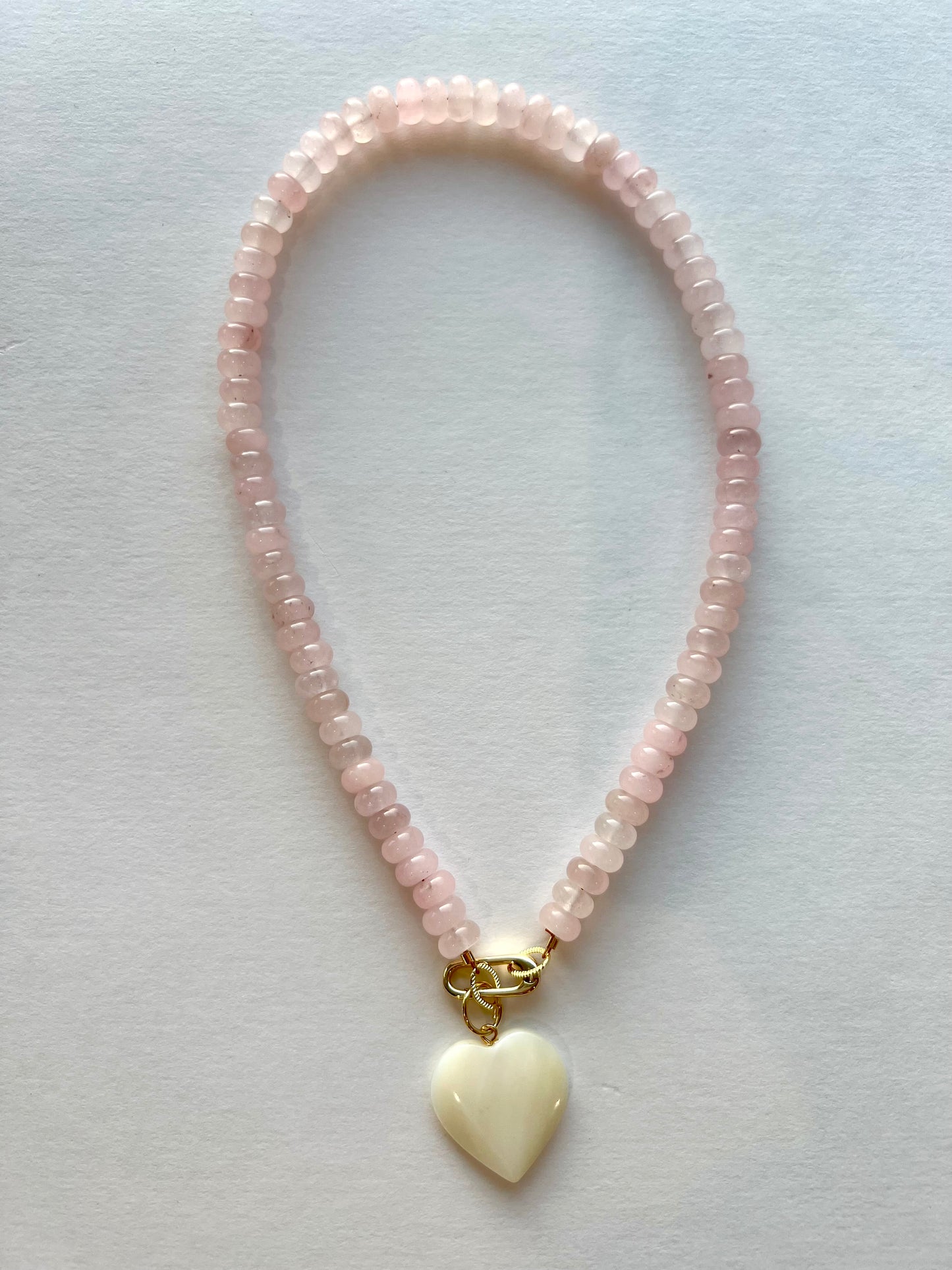 Pink Jade Mother of Pearl Heart on Carabiner Necklace