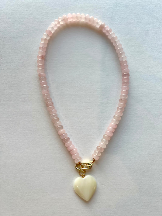 Pink Jade Mother of Pearl Heart on Carabiner Necklace