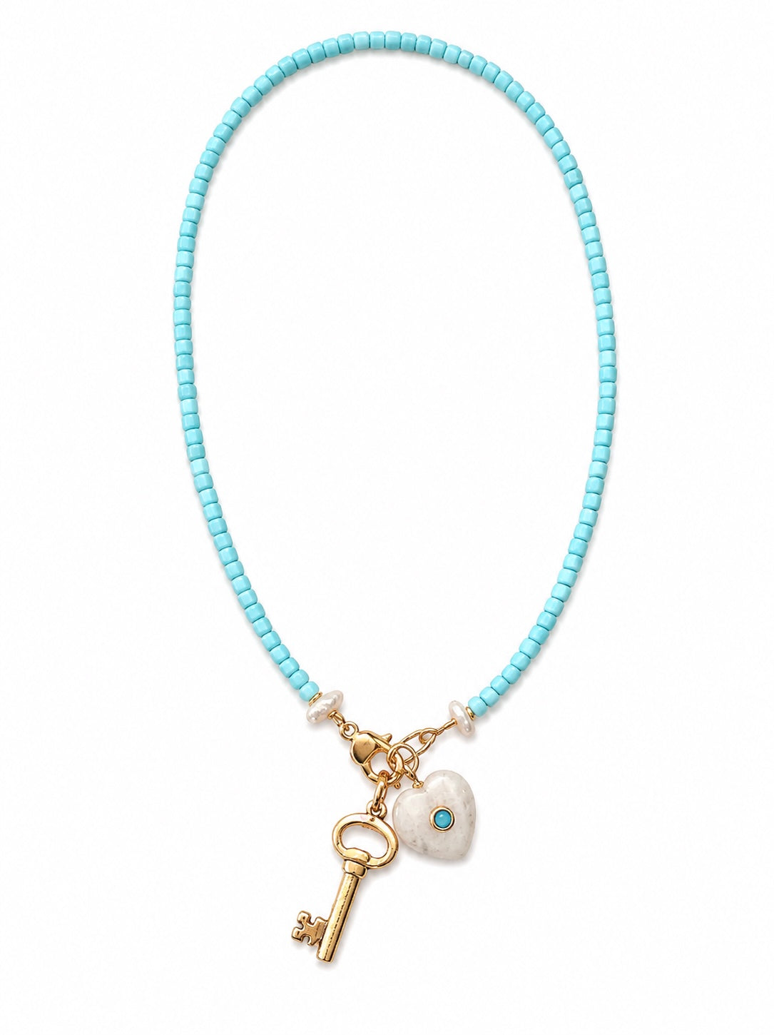 Powder Blue Bead Necklace With Heart & Key Pendants