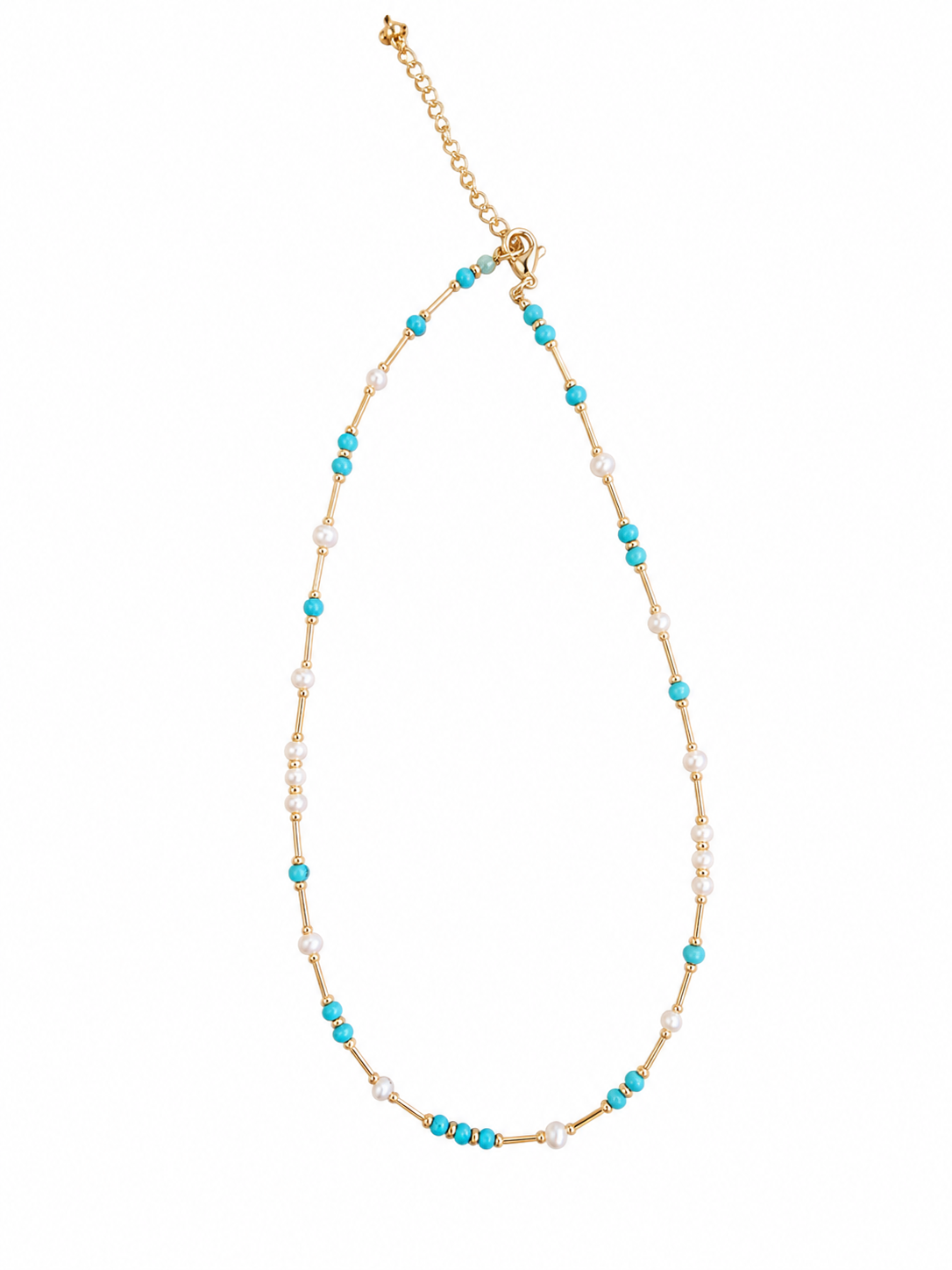 Gold Tube with Turquoise & Pearl Necklace