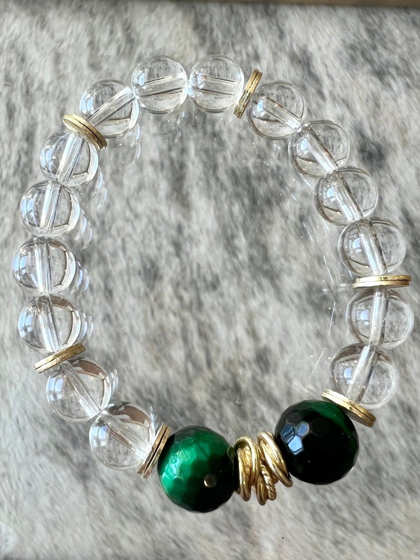 Clear Bubble Bead & Green Tiger Eye Bracelet