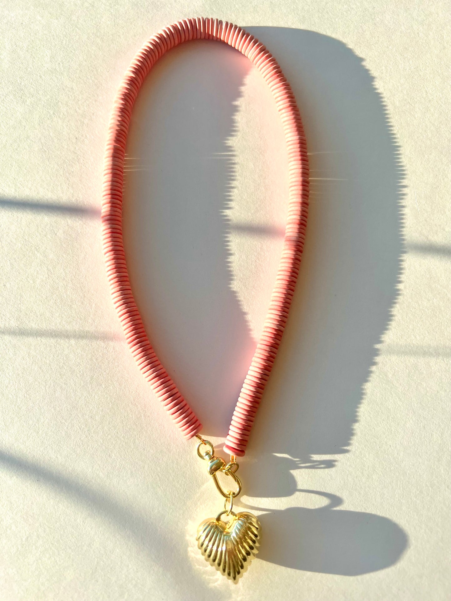 Pink Agate Bead with Puffy Gold Fluted Heart Pendant