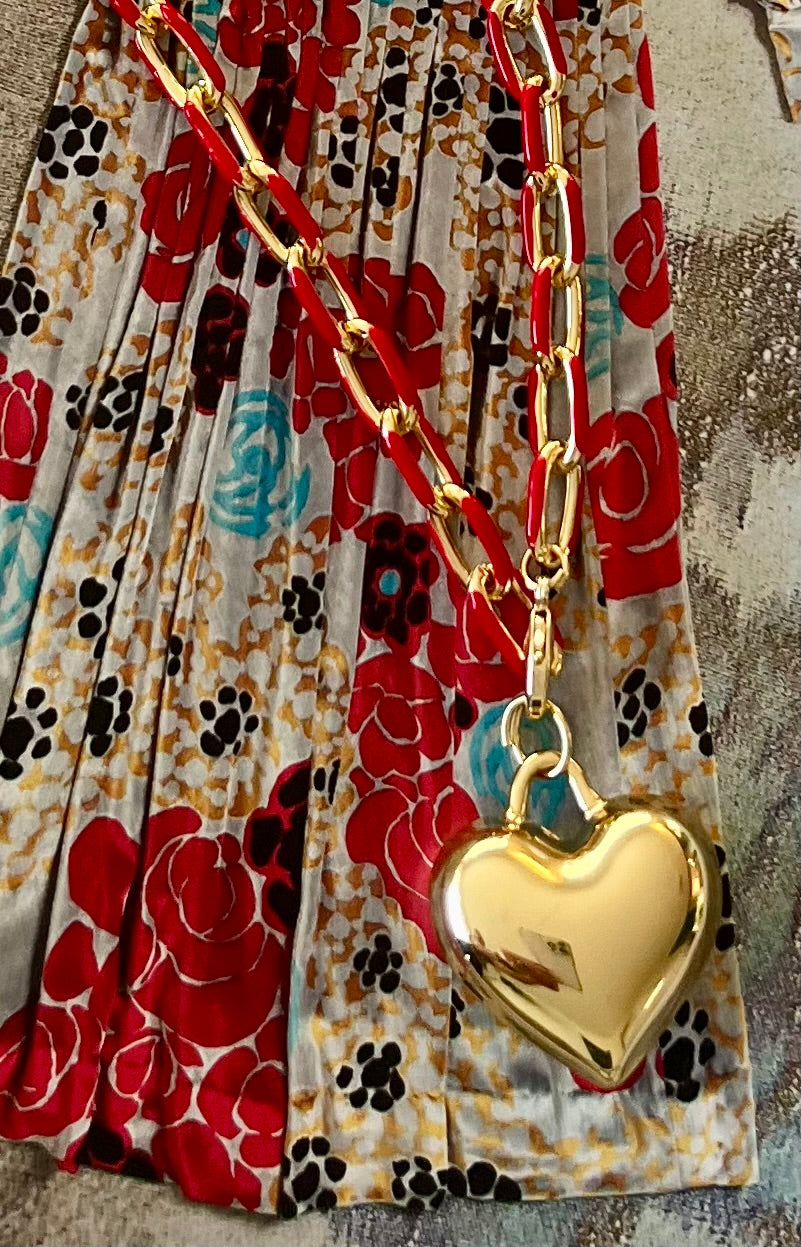 Red Enamel Chain Necklace with Gold Puffy Heart