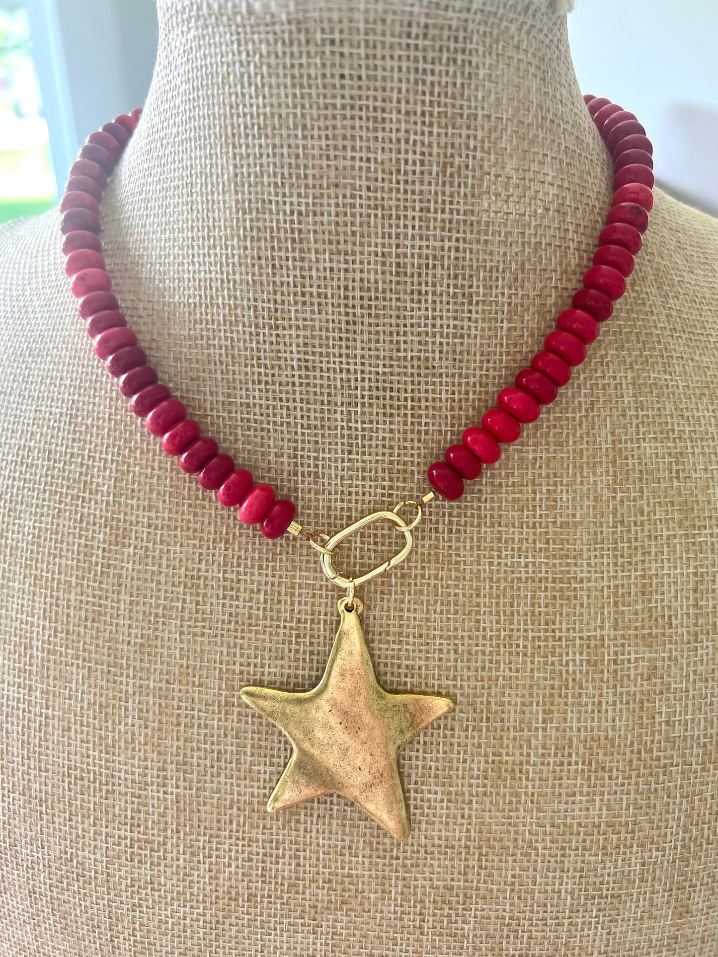 Red Bead Large Gold Star Necklace